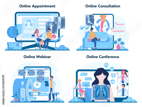 Radiologist online service or platform set. Doctor examing X-ray