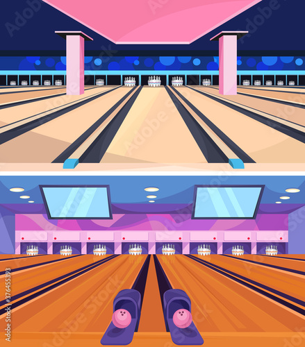 Set of bowling alleys. Collection of sport club interiors.