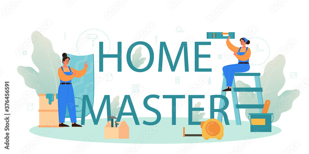 Home master typographic header. Repairman applying finishing materials