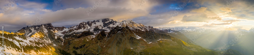 Aerial view of Monte Disgrazia and Bernina mountain range at dawn, Valmalenco, Valtellina, Lombardy Aerial view of Monte Disgrazia and Bernina mountain range at dawn, Valmalenco, Valtellina, Lombardy