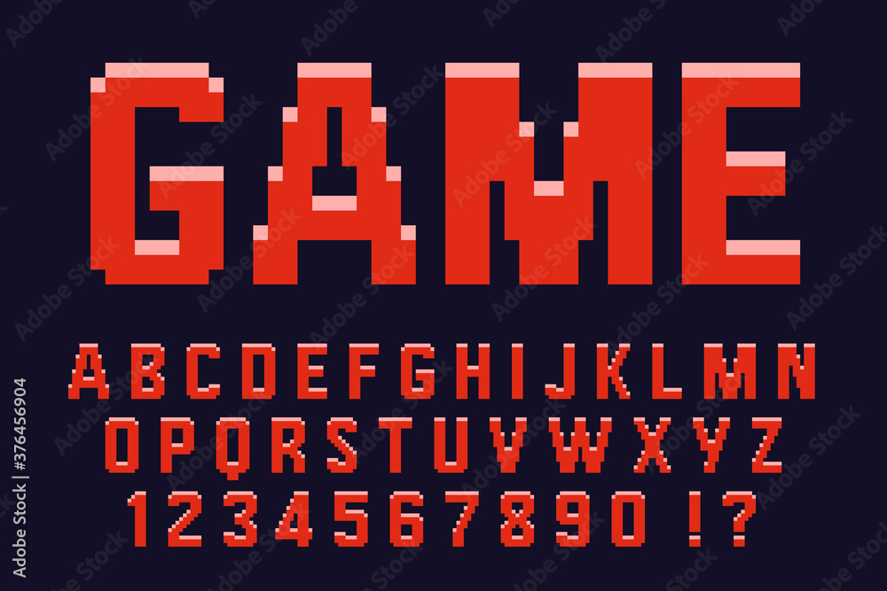 Pixel 3d retro red font Video computer game design 8 bit letters and numbers Vector alphabet