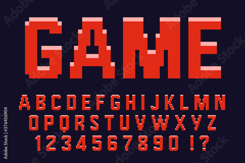 Pixel 3d retro red font Video computer game design 8 bit letters and numbers Vector alphabet