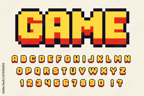 Print op canvas Pixel 3d retro font Video computer game design 8 bit letters and numbers Vector