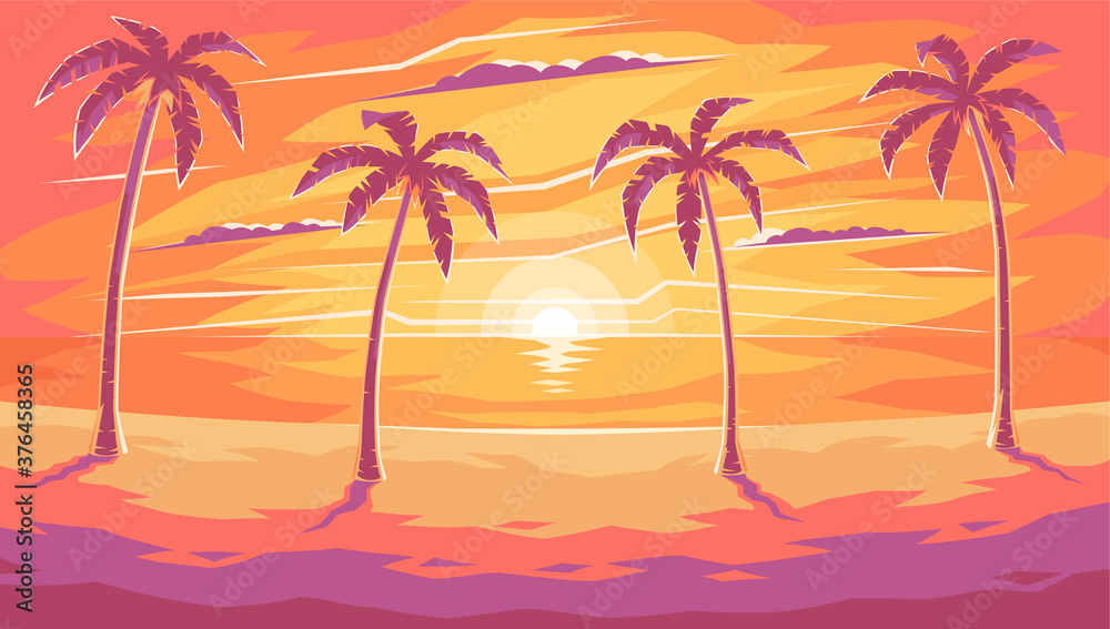 Evening on the beach with palm trees. Evening sunset on the resort beach. Morning sunrise under palm trees. Yellow sunset on the beach. Waves, sky and yellow sun. Vector illustration, EPS 10