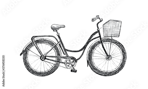 Vintage road bicycle hand drawn illustration. Eco transport sketch isolated on white background