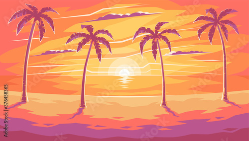 Evening on the beach with palm trees. Evening sunset on the resort beach. Morning sunrise under palm trees. Yellow sunset on the beach. Waves  sky and yellow sun. Vector illustration  EPS 10