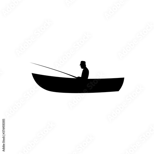 Icon of black sign boat and fisherman. Vector illustration eps 10