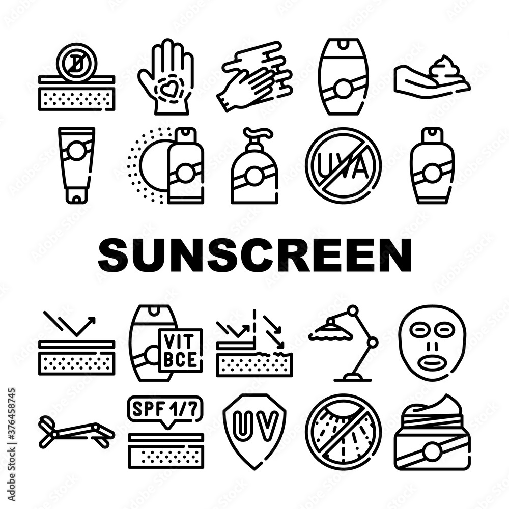 Sunscreen Protection Collection Icons Set isolated illustration