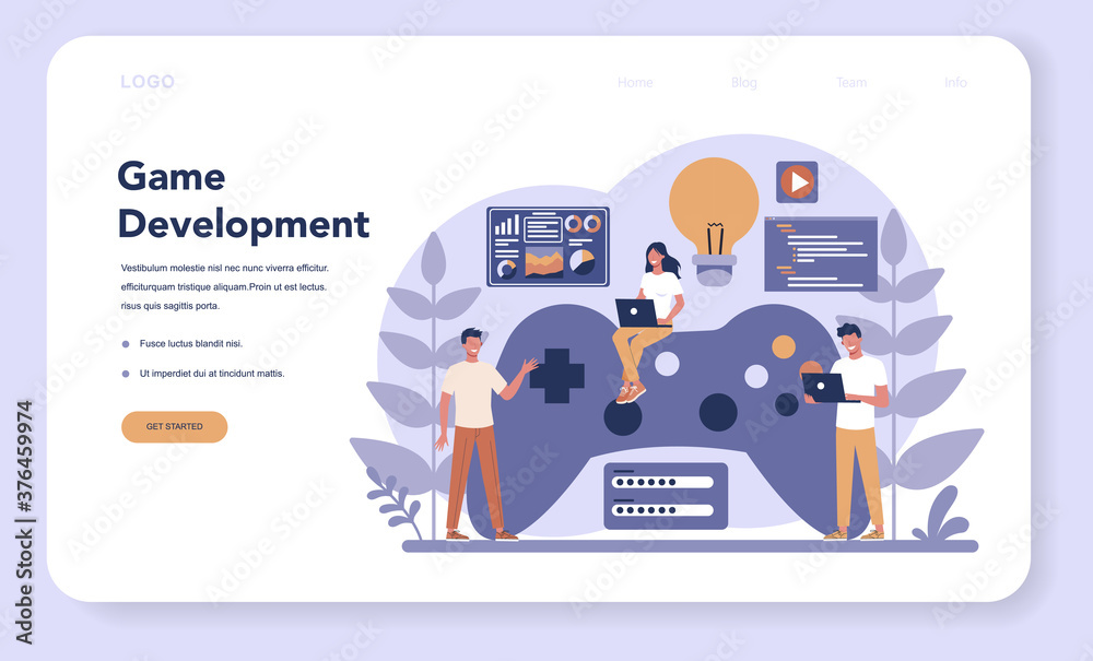 Game development web banner or landing page. Creative process - obrazy, fototapety, plakaty 