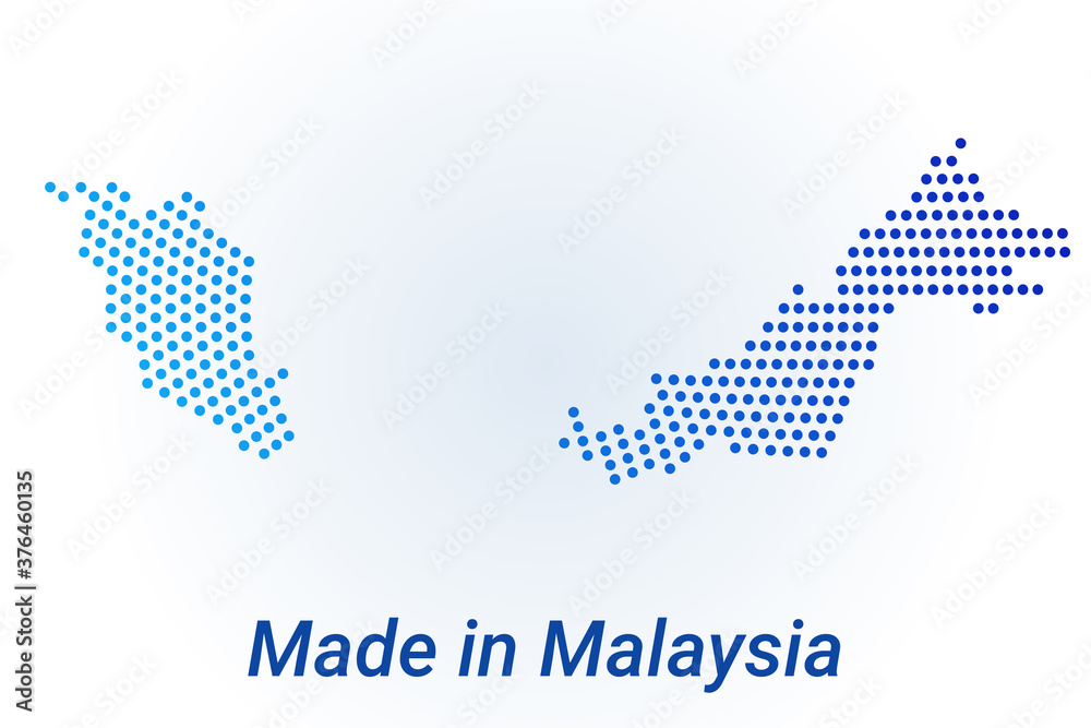 Map icon of Malaysia. Vector logo illustration with text Made in Malaysia. Blue halftone dots background. Round pixels. Modern digital graphic design.