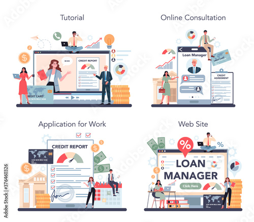 Loan manager online service or platform set. Bank employee