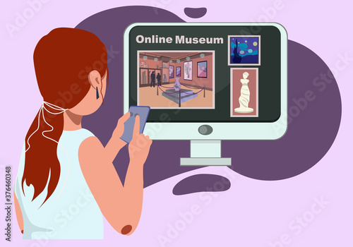 Virtual museum in modern laptop. Online museum stock vector illustration. Woman visiting art exhibition with tablet computer at home in comfort. Virtual museum and art gallery interactive tour vector 