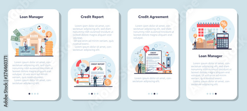 Loan manager mobile application banner set. Bank employee