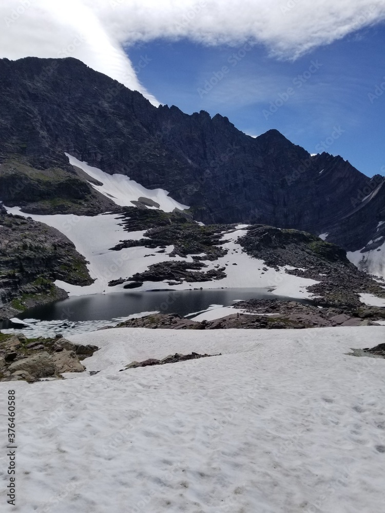 snow glaciers and lakes in Glacier National Park