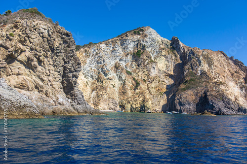 View of the rocky coast in Palmarola island (Ponza, Latina, Italy). © Giongi63
