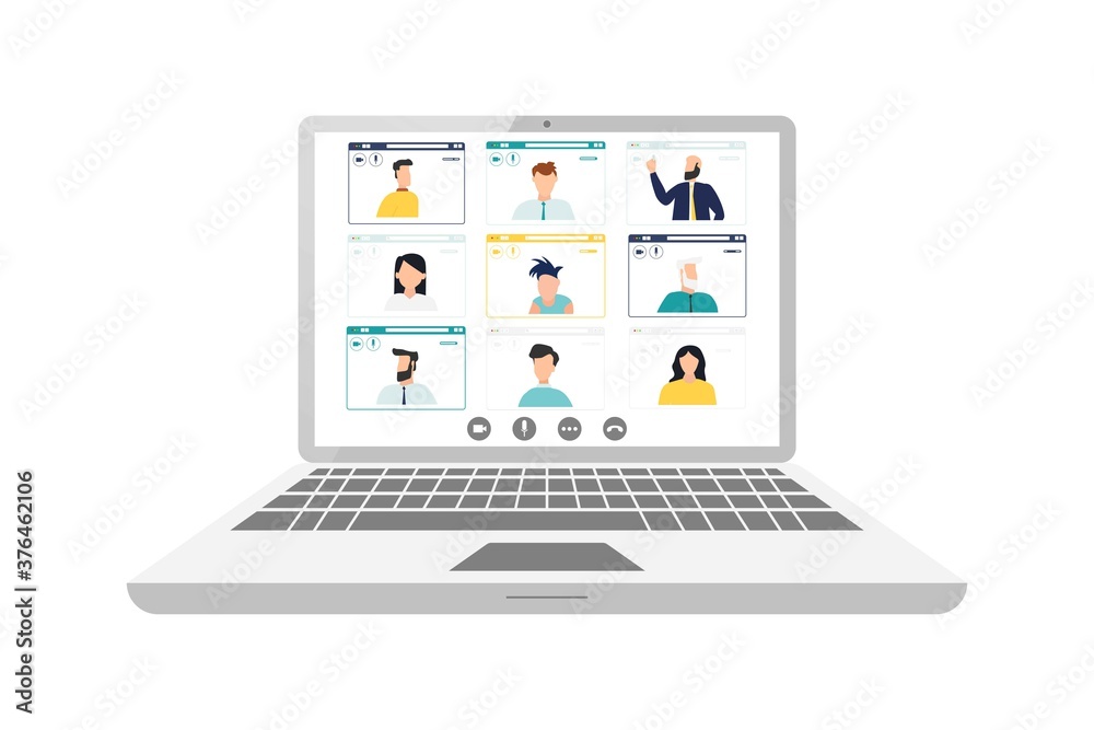 Remote working with a business meeting held via a video conference call. Teams joining via laptop. Remote working with a business meeting held via a video conference call. Teams joining via laptop.