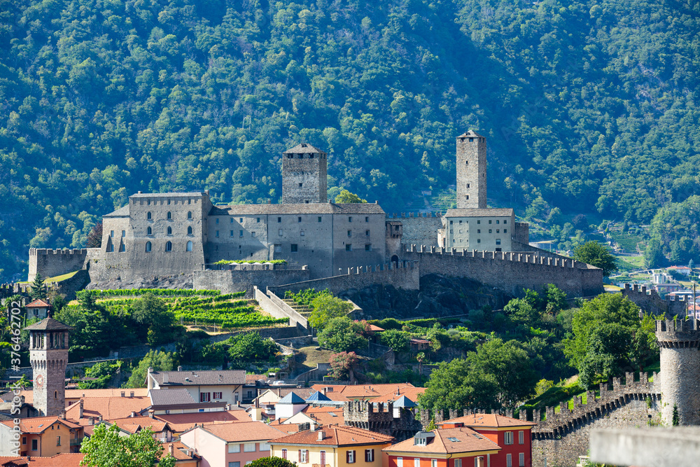 Impressive view of Castles of Bellinzona fortifications at sunny day, Switzerland