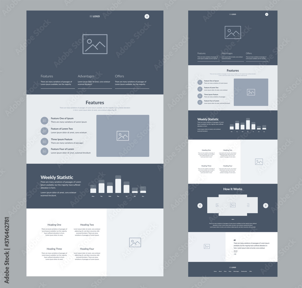 Website landing page design for business. One page site wireframe layout template. Modern flat UX/UI site development. Responsive web page design concept.