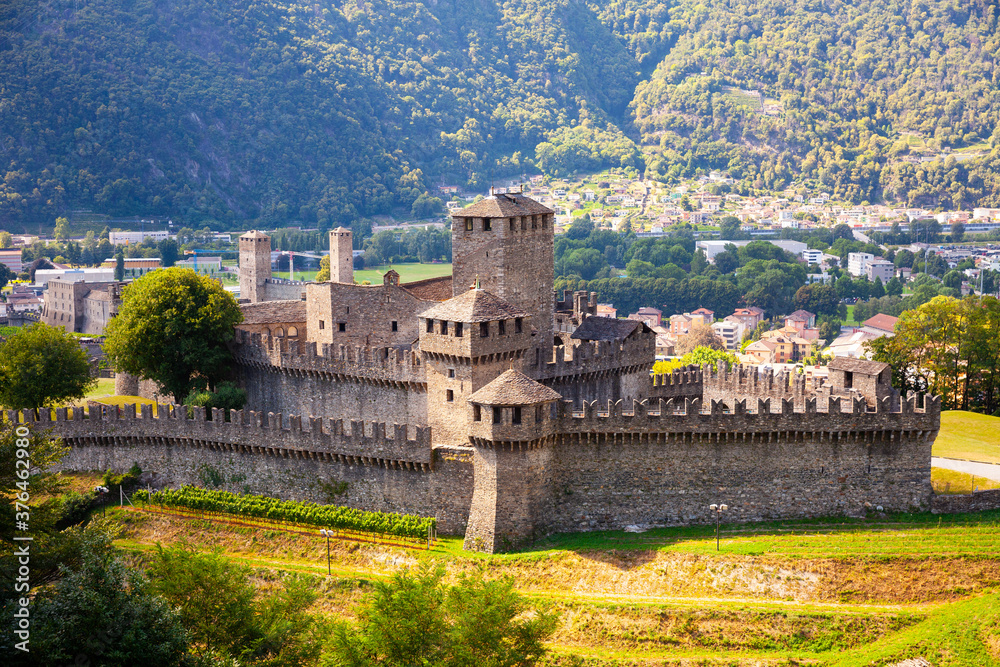 Medieval castle of Montebello on sunny summer day. Bellinzona. Switzerland