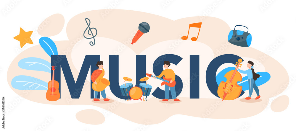 Music typographic header. Young performer playing music with professional