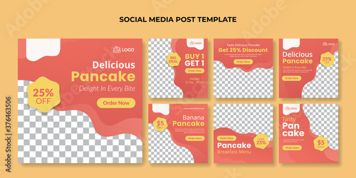 Delicious pancake social media post template. Food square banner for cake shop