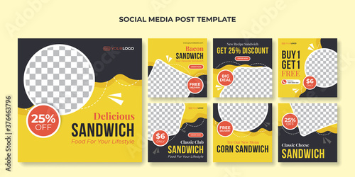 Delicious sandwich social media post template. Food square banner for fast food restaurant