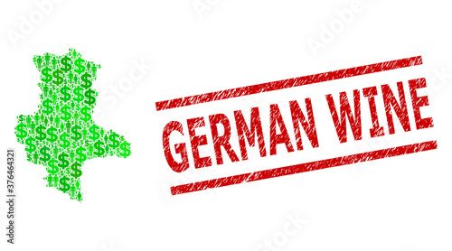 Green dollar and men mosaic map of Saxony-Anhalt State and dirty seal stamp. Seal includes GERMAN WINE title between parallel lines. Mosaic map of Saxony-Anhalt State designed from green dollars,