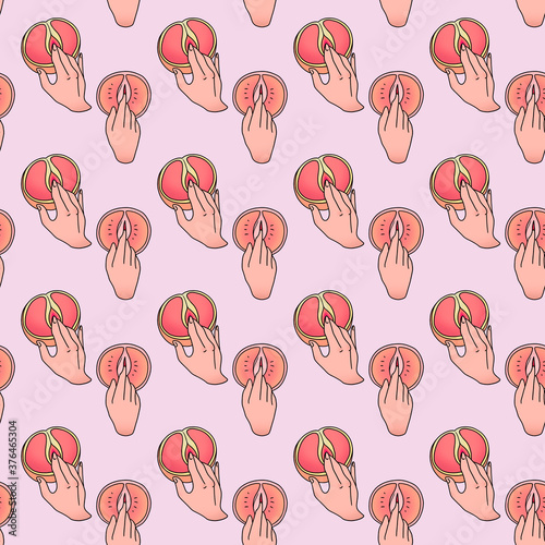 Pattern with orange grapefruits and hands on a pink background. Hand drawn illustration. Sexy concept. 