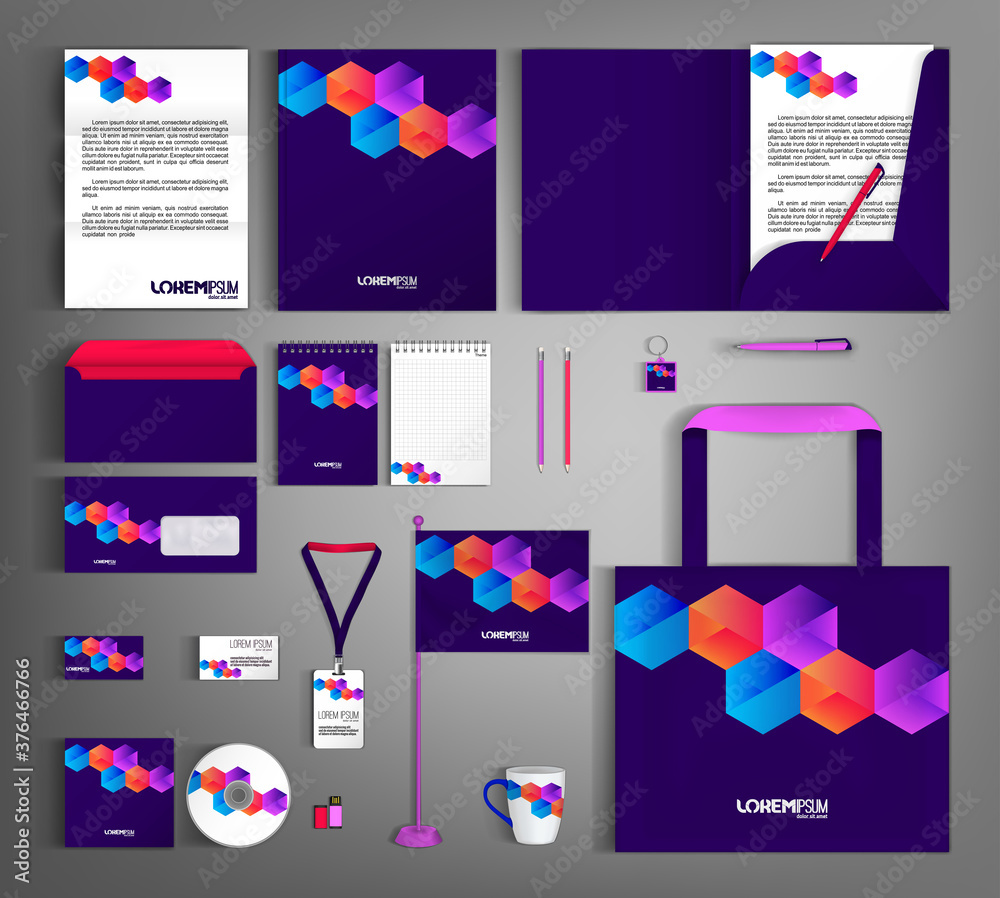 Corporate identity template design with geometric colorful object.