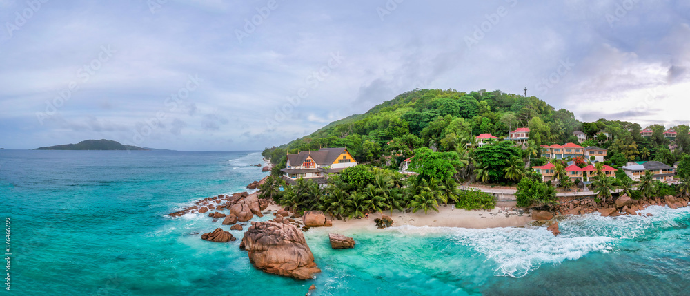 La Digue, Seychelles. Aerial view of Anse Patates at sunset