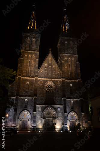  The Basilica of St. Peter and Paul in Prague at Vyšehrad is a monument founded in the 11th century in the center of Prague at night