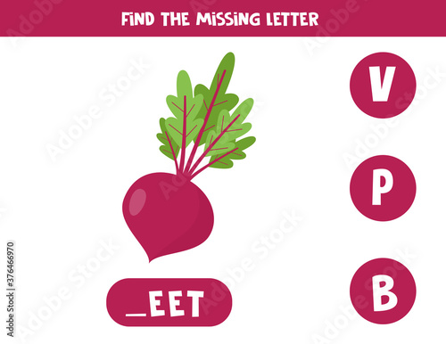 Find missing letter and write it down. Cute cartoon beetroot.
