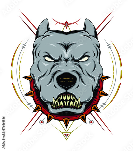 Vector illustration of a head of a spiteful pit bull, on geometry background.