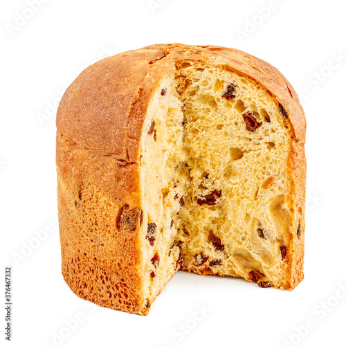 Panettone or Fruit Christmas cake isolated on white background. Christmas stollen with raisins close up