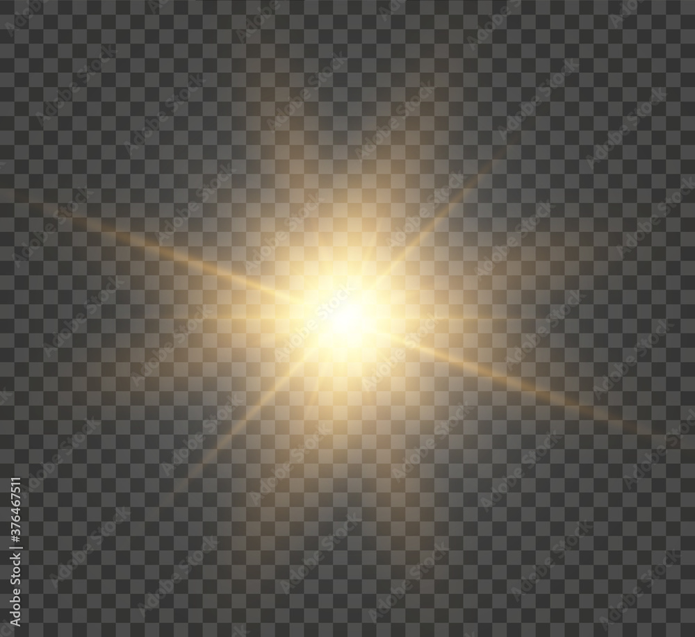 A yellow star explodes on a transparent background. Glittering particles of fairy dust. Bright Star. Transparent bright sun, bright flash. Glitter vector. Center a bright flash