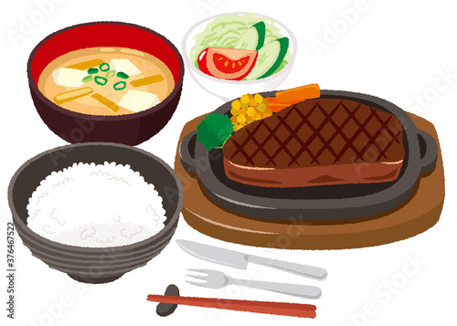 ビーフステーキ定食のイラスト