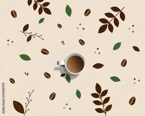 White cup of fresh coffee with steam smoke isolated on coffee tree branches with flower, leaves and beans background with copy space.Decorative design for banner,poster advertisement, flyers and card.