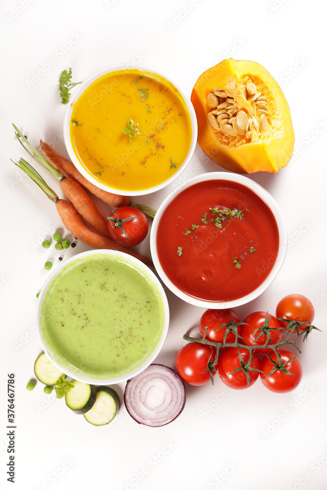collection of vegetable cream soup and fresh ingredient on white background