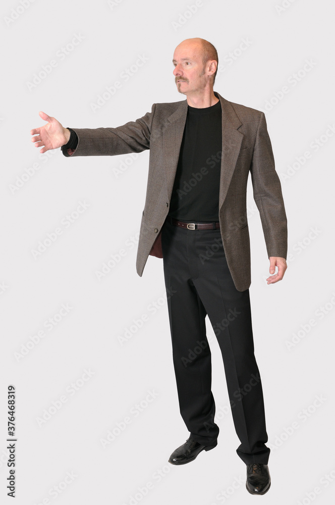 Cutout of man in jacket standing with arm reaching out Cutout of man in jacket standing with arm reaching out