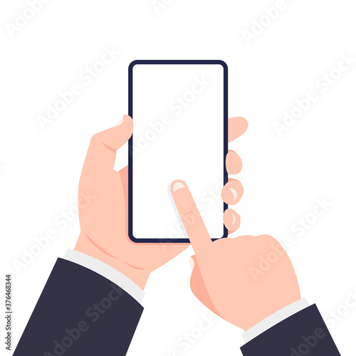Mobile phone in hand. Hand holding smartphone and touching screen. Vector illustration.