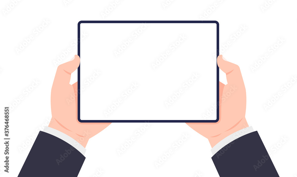 Tablet in hands. Two hands holding tablet. Vector illustration.