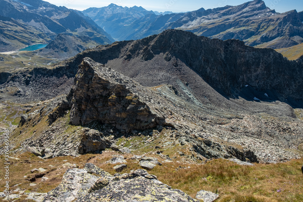 Panoramic view of an alpine landscape on the slopes of Monte Rosa, in the upper Val de Gressoney.