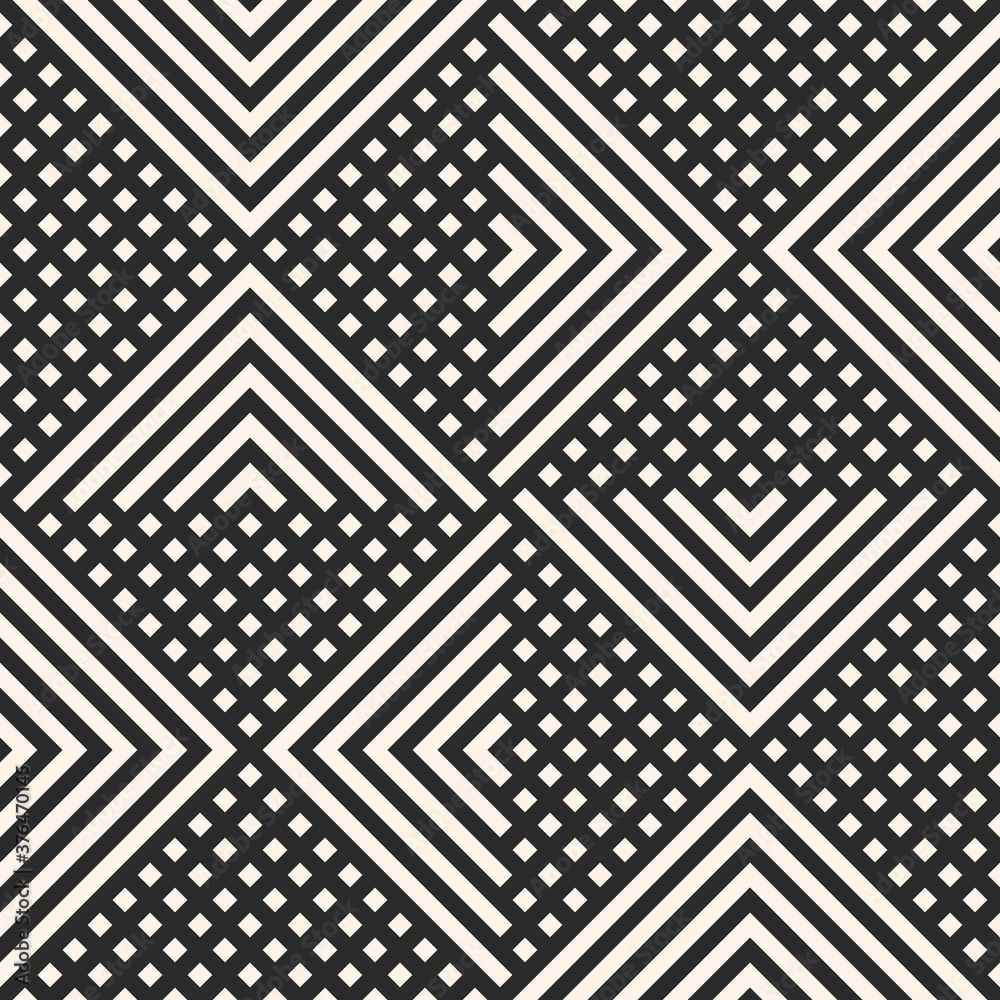 Vector geometric seamless pattern with lines, grid, stripes, squares, repeat tiles. Simple black and white geo texture. Abstract monochrome geometry background. Design for decor, print, fabric, cover