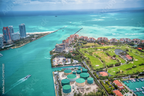Fisher Island and South Pointe Park, aerial view. Miami, Florida © jovannig