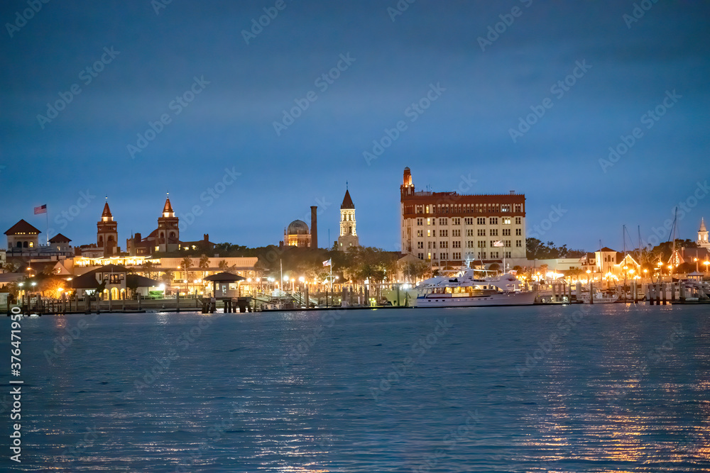 St Augustine night skyline with river and buildings, Florida