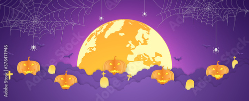 Halloween orange pumpkin head and graveyard on cloud with full moon, spider web with spider hanging, paper art style