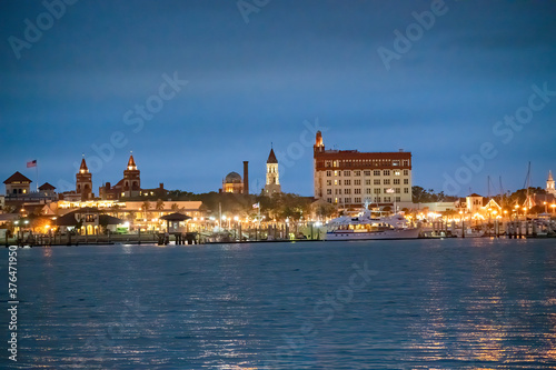 St Augustine night skyline with river and buildings, Florida