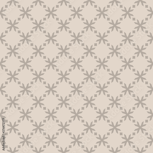 Vector floral geometric seamless pattern. Simple abstract geometrical ornament with flower shapes, crosses, squares, grid. Elegant background. Subtle texture in gray color. Repeat decorative design