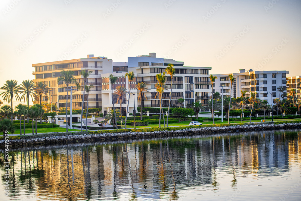 Palm Beach buildings along the shoreline, Florida at sunrise