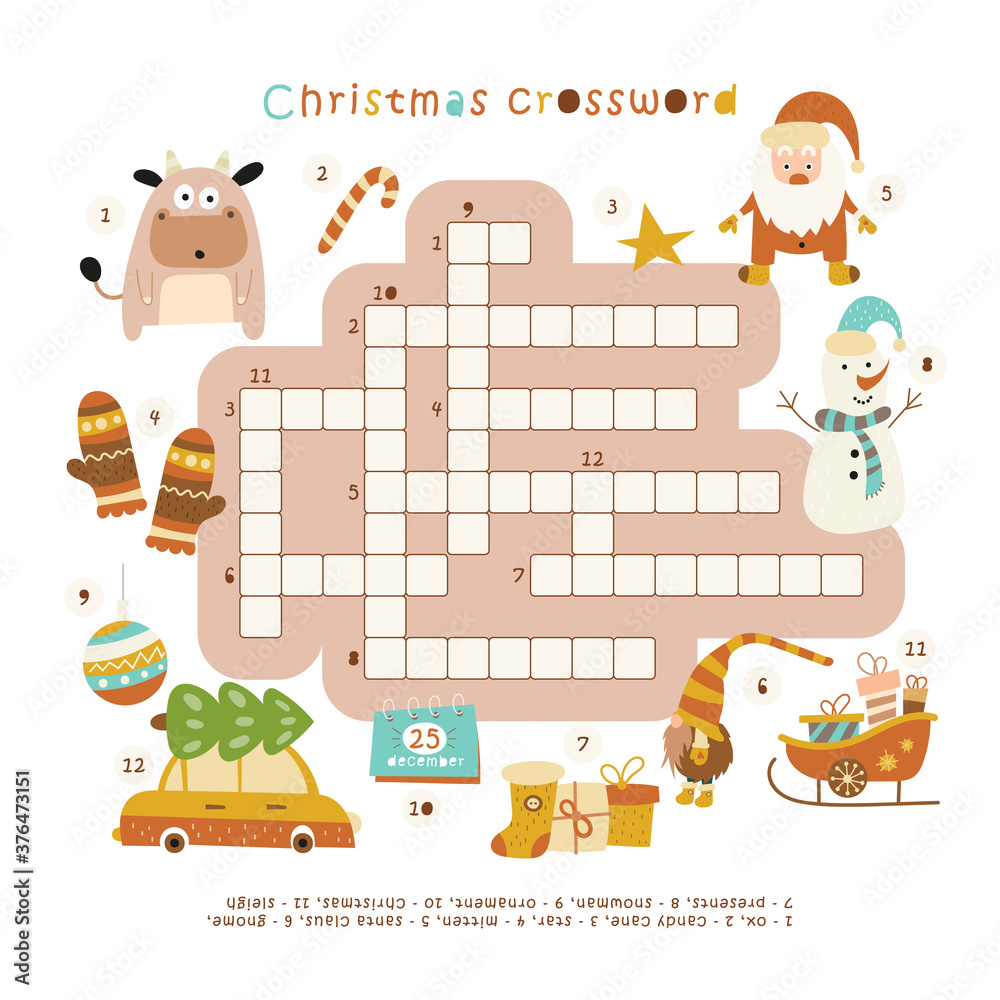 Christmas crossword in English. Puzzle game with new year characters